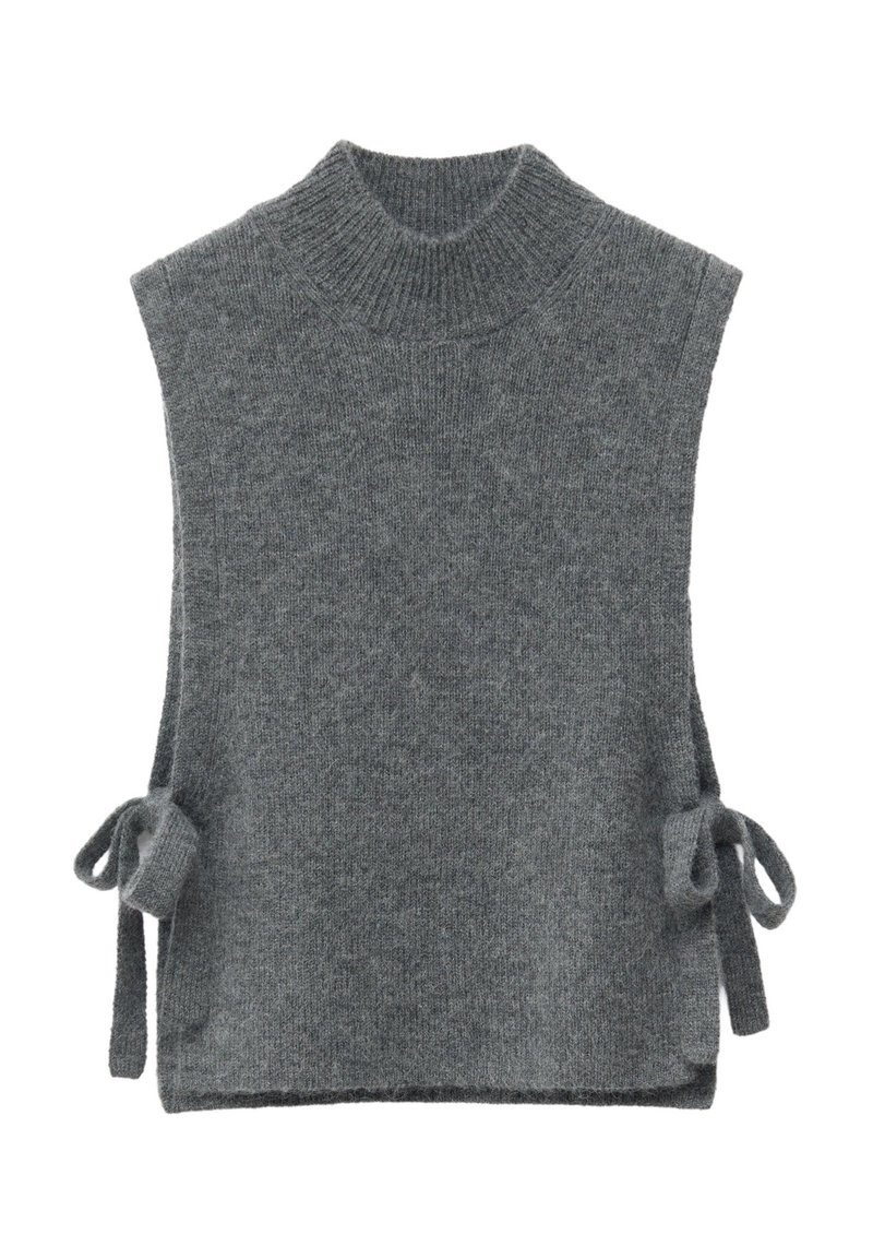 Gray sleeveless knit turtleneck with side ties. Features a soft texture and a relaxed fit, designed for layering in cooler weather.