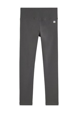 Leggings a vita alta e aderenti di colore grigio scuro, realizzati in tessuto elasticizzato. Presentano un piccolo logo sulla vita, una texture liscia e sono privi di patterns.