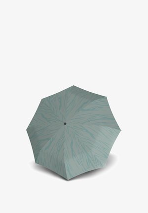 Patterned umbrella with a light teal canopy featuring abstract leaf-like designs, a dotted texture, and a central black button.