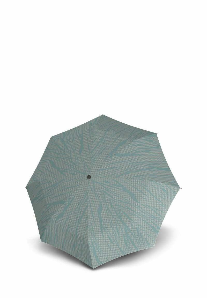 Musterregenschirm mit einem helltürkisfarbenen Dach, das abstrakte blattähnliche Designs, eine gepunktete Textur und einen zentralen schwarzen Knopf aufweist.