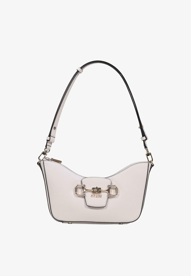 Borsa a tracolla in pelle bianca con tracolla nera regolabile, chiusura con fermaglio color argento e dettaglio con fibbia sulla patta frontale.