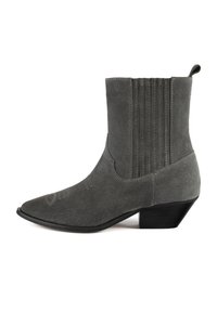 Gray suede ankle boots with pointed toe, subtle stitching details, and a low stacked heel. Vertical elastic panels for ease of wear.