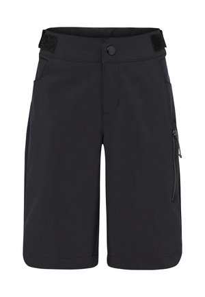 Schwarze knielange Shorts mit vorderer Knopfleiste, verstellbaren Klettverschlusstaschen am Taillenbund, Seitentaschen und Reißverschlusstasche am rechten Bein.