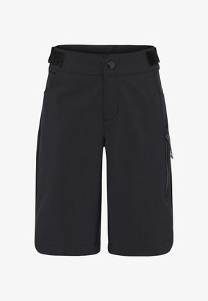 Schwarze knielange Shorts mit vorderer Knopfleiste, verstellbaren Klettverschlusstaschen am Taillenbund, Seitentaschen und Reißverschlusstasche am rechten Bein.