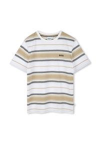 T-shirt bianco a maniche corte con righe orizzontali beige e nere, dotato di un piccolo logo 'BOSS' sul petto. Materiale in cotone.