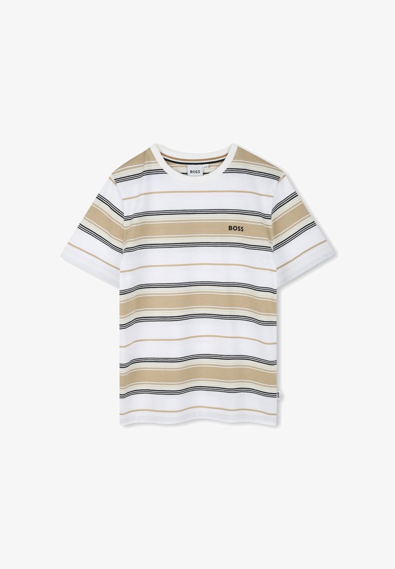 T-shirt blanc à manches courtes avec des rayures horizontales beige et noir, arborant un petit logo 'BOSS' sur la poitrine. Matière en coton.