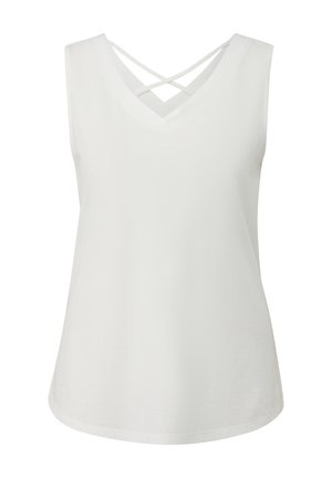 Weißes ärmelloses Top mit V-Ausschnitt und überkreuzten Trägern auf der Rückseite. Hergestellt aus weichem Stoff mit einem leicht lockeren Schnitt und abgerundetem Saum.
