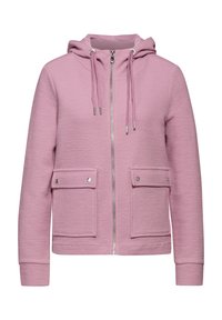 Pink zip-up hoodie with a textured fabric, featuring a drawstring hood, two front pockets with snap buttons, and silver hardware accents.