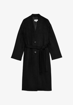Schwarzer Wollmischung-Wickelmantel mit Schalkragen, langen Ärmeln, gebundenem Taillengürtel und zwei Fronttaschen. Minimalistisches Design mit Knopfverschluss.