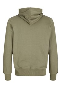 Olijfgroene hoodie van een zachte katoenmix, uitgerust met een trekkoordkap, ribgebreide manchetten en zoom, met een gladde, textuurrijke afwerking.
