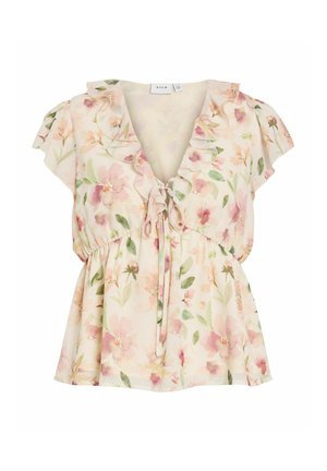 Blouse légère à motif floral avec col en V volanté, manches courtes fendues, taille froncée, et détail noué sur le devant dans des tons pastel doux.