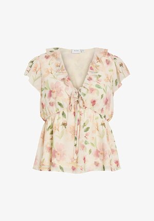 Blouse légère à motif floral avec col en V volanté, manches courtes fendues, taille froncée, et détail noué sur le devant dans des tons pastel doux.