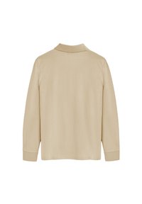 Beige långärmad skjorta med polo-krage, mjuk textur och manschetter. Ren design utan synliga mönster eller dekorationer.