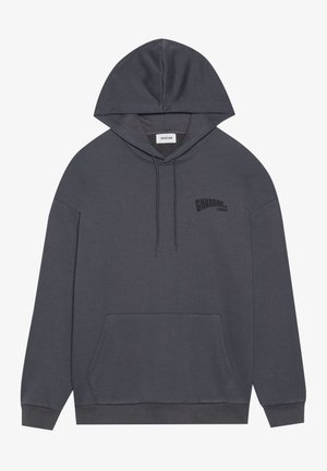 Dunkelgrauer Kapuzenpullover mit Kordelzug, Kängurutasche und dem Aufdruck "GUARDIANS" auf der Brust in Schwarz. Weicher, strukturierter Stoff.