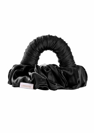 Black ruched satin handbag with a curved handle and a small label reading "LENOITES" on a white background.