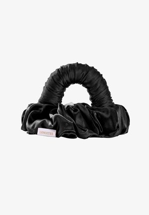 Black ruched satin handbag with a curved handle and a small label reading "LENOITES" on a white background.