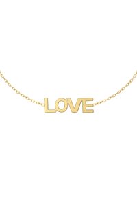 Kullattukoru, jossa sana "LOVE" on rohkealla, modernilla fontilla, ja hienostunut ketju, jossa on soikeita lenkkejä. Yksinkertainen muotoilu, kiiltävä viimeistely.