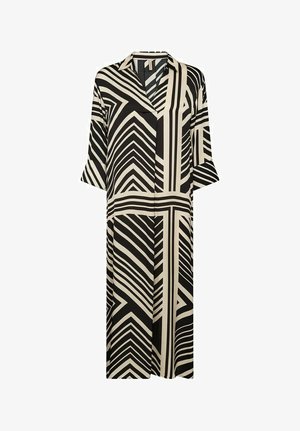 Sort og beige skjortekjole med geometriske mønstre, der har V-hals, trekvartærmer og en løs pasform.