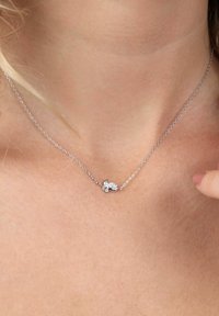 Zilveren ketting met een delicate schakel en een bloemenhanger, voorzien van kleine, heldere edelstenen in een bladontwerp.
