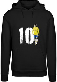 Schwarze Kapuzenjacke mit einem Grafikdesign eines Spielers in einem gelben Trikot mit blauen Shorts, die Nummer 10 in Weiß gedruckt, und einer vorderen Tasche.