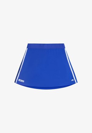 Blauwe skort gemaakt van lichtgewicht materiaal, met een gladde textuur, een aansluitende taille en contrasterende witte zijstrepen. Kenmerkend merkimago aan de zoom.