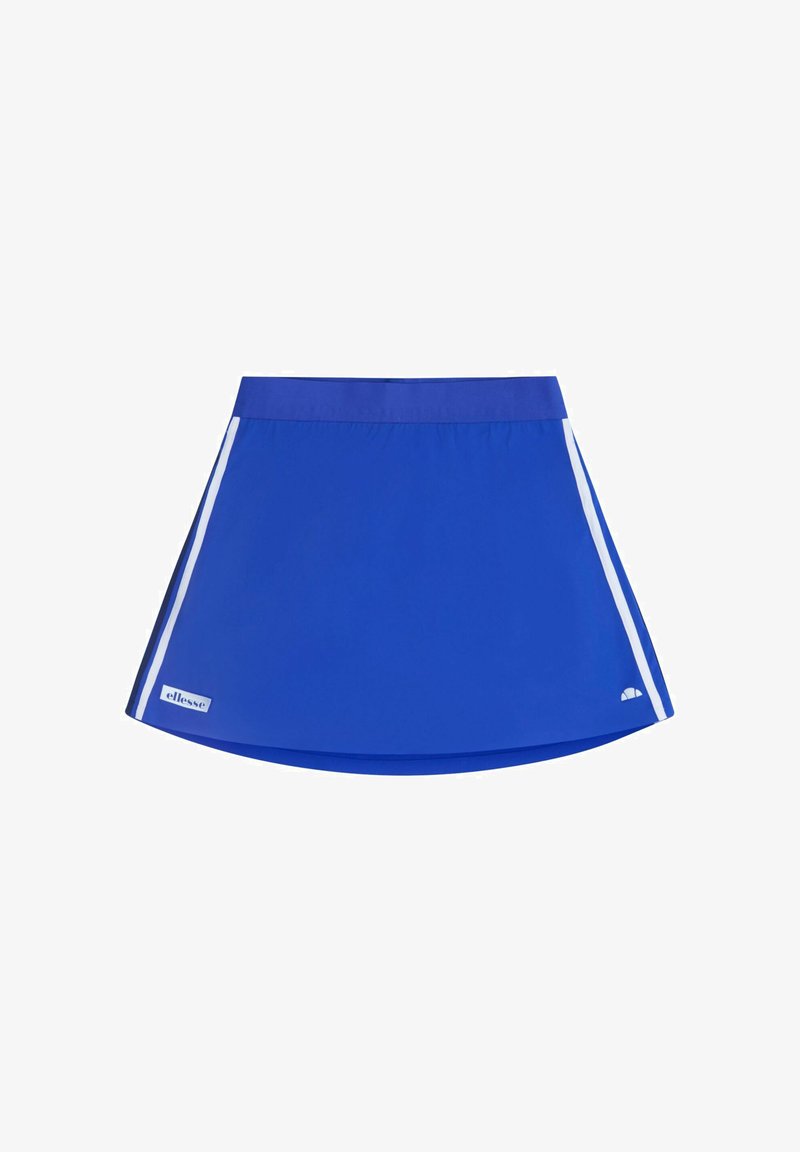 Niebieski spódniczko-spodenki wykonane z lekkiego materiału, charakteryzujące się gładką fakturą, dopasowanym stanem oraz kontrastującymi białymi paskami po bokach. Charakterystyczne logo marki na dolnej krawędzi.