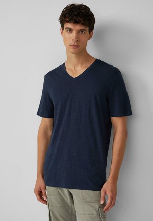 Navyblauwe katoenen V-hals T-shirt met korte mouwen; zachte textuur en ontspannen pasvorm; met een subtiele heatherpatroon.