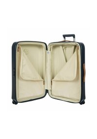 Valigia rigida di colore navy con finitura testurizzata, dotata di un doppio scomparto con rivestimento in tessuto beige e tasche con zip.