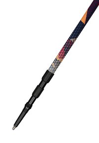 Penna multicolore con corpo decorato da disegni geometrici in blu navy, arancione e bianco; impugnatura nera e punta fine.