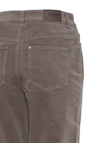 Vue arrière d'un pantalon en velours côtelé marron montrant deux poches arrière, des passants de ceinture et une étiquette de marque indiquant Pulz Jeans sur la ceinture.