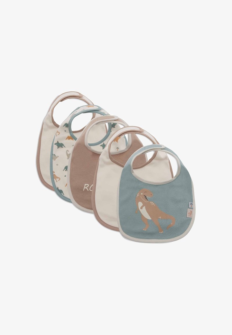 Set van vijf katoenen slabbetjes in verschillende kleuren: lichtbeige, lichtblauw, bruin, met dinosaurusthema's en twee met gedrukte ontwerpen.