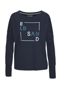 Navy-blaues Langarmshirt aus weichem Material, das einen Grafikdruck des Markennamens "ELBSAND" in kontrastierenden Farben zeigt.