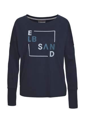 Navy-blaues Langarmshirt aus weichem Material, das einen Grafikdruck des Markennamens "ELBSAND" in kontrastierenden Farben zeigt.