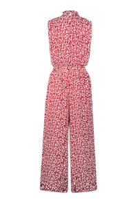 Roter Jumpsuit mit einem Blumenmuster, ärmelloses Design, hoher Kragen, elastischer Taillenbund und weit geschnittene Hosenbeine. Glatte Stofftextur.