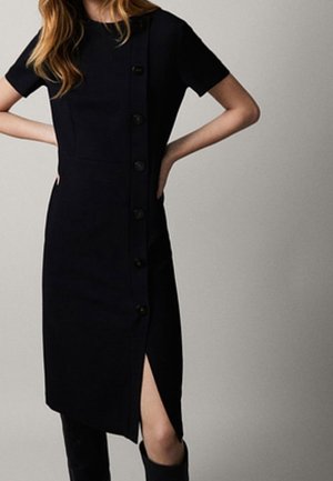 Navy short-sleeved dress with a fitted design, features a side slit, and black buttons along the front for closure. Smooth texture.