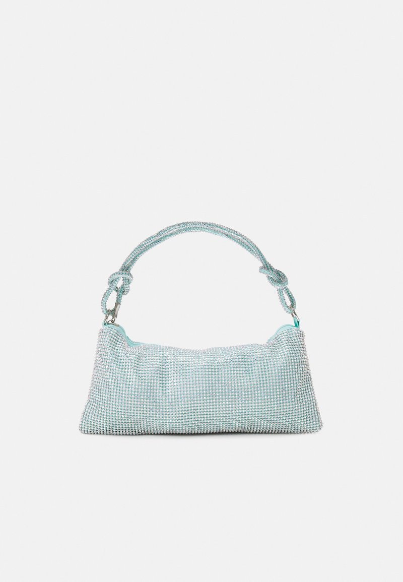 Petit sac à main bleu clair recouvert de strass scintillants avec une courte bandoulière nouée et des fermoirs métalliques sur fond blanc.