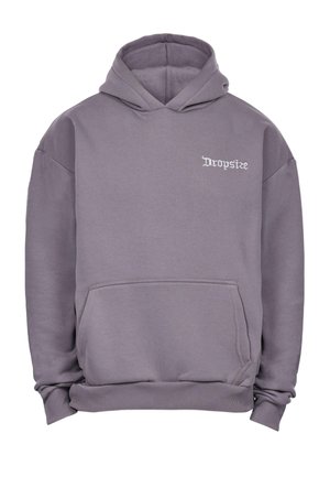 Grauer Hoodie mit einer Kängurutasche, gerippten Bündchen und Saum. "Dropsize" ist in Weiß auf der linken Brustpartie gestickt. Weicher Stoff. 