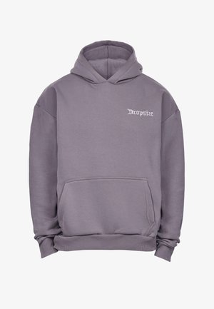 Grauer Hoodie mit einer Kängurutasche, gerippten Bündchen und Saum. "Dropsize" ist in Weiß auf der linken Brustpartie gestickt. Weicher Stoff.