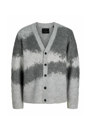 Cardigan gris et blanc en matériau pelucheux, avec un col en V, une fermeture à boutons et un motif tie-dye avec des nuances de gris variées.