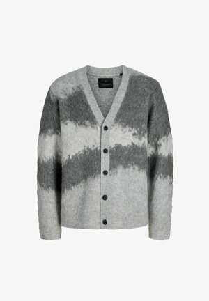 Halli hallide hall ja valge kardigan, mis on valmistatud karvased materjalist, V-kaelusega, nööbiga kinni ja sidruni värvi mustriga, millel on erinevad halli varjundid.