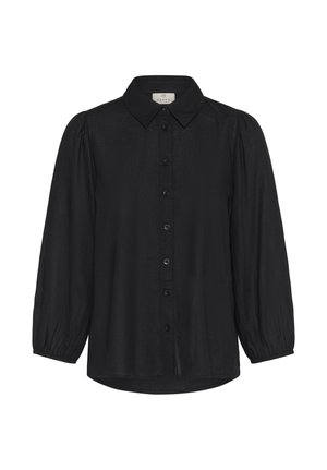 Blusa nera a maniche lunghe con maniche a sbuffo, chiusura con bottoni sul davanti e colletto appuntito, mostrata su uno sfondo bianco uniforme.