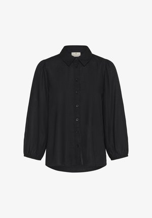 Blusa nera a maniche lunghe con maniche a sbuffo, chiusura con bottoni sul davanti e colletto appuntito, mostrata su uno sfondo bianco uniforme.