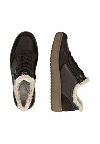 Braune Sneaker mit weichem Futter, aus Leder und Wildleder, runder Zehenbereich, Schnürverschluss, seitlichem Reißverschluss und strukturiertem Gummi-Sohle.