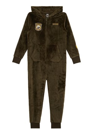 Børns mørkebrune plyshætteheldragt med frontlynlås, to lommer, ribbede manchetter og patches med teksten "Mission Wildland" og "Sleep Explorer".