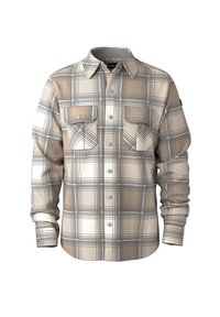 Rutig flanellskjorta i tan och krämfärgat med långa ärmar, två bröstfickor och knappstängning. Har en mjuk textur och matchande mönster.