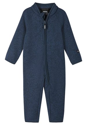 Maillot de bain une pièce bleu marine en tissu texturé, avec une fermeture éclair sur toute la longueur, une capuche et des manches longues. Logo de la marque sur la manche.