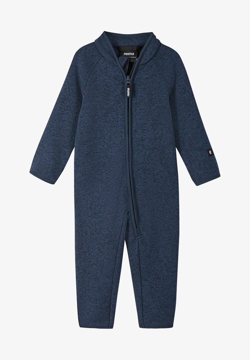 Maillot de bain une pièce bleu marine en tissu texturé, avec une fermeture éclair sur toute la longueur, une capuche et des manches longues. Logo de la marque sur la manche.