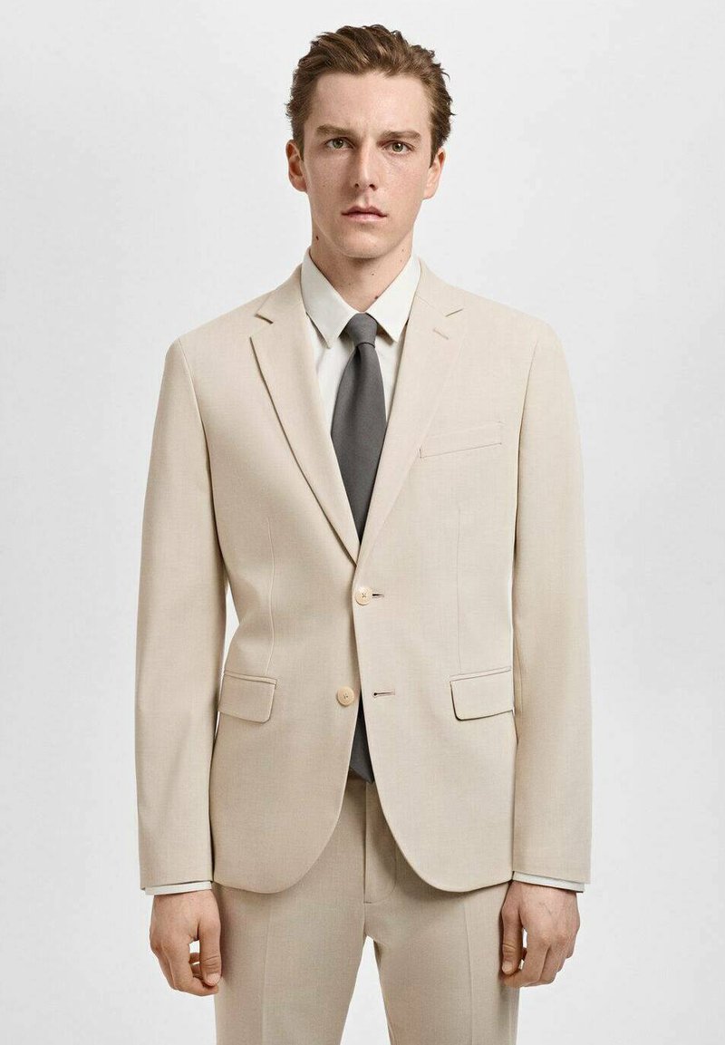 Beige Anzug mit schmaler Passform, einreihigem Sakko, Taschen vorne und hellgra tie. Glattes Material, maßgeschneiderte Silhouette, minimalistisches Design.