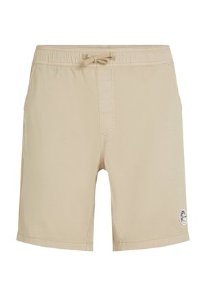 Beige badebukser lavet af letvægtsmateriale. Har en elastisk talje med snor og et logo-patch på venstre underkant. Enkel design.