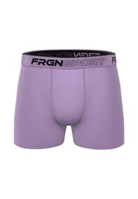Boxers de sport lavande avec une ceinture élastique noire comportant "FRGNSPORT" en texte blanc. Texture lisse et design ajusté.